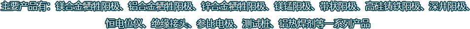 主要產(chǎn)品有：鎂合金犧牲陽(yáng)極、鋁合金犧牲陽(yáng)極、鋅合金犧牲陽(yáng)極、鎂錳陽(yáng)極、帶狀陽(yáng)極、高硅鑄鐵陽(yáng)極、深井陽(yáng)極、恒電位儀、絕緣接頭、參比電極、測(cè)試樁、鋁熱焊劑等一系列產(chǎn)品